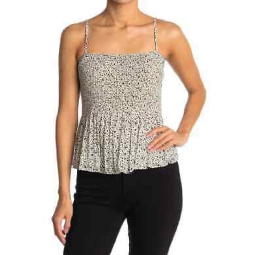 Lush‎ Womens Tank Top Summer Flowy Ivory Pleated Camisole Black Print, Size XS